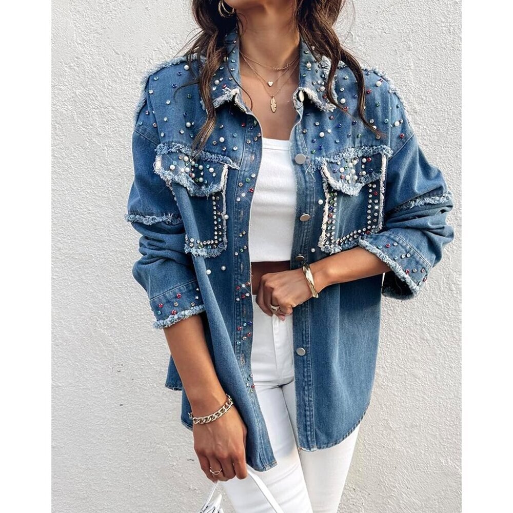Women's Oversized Denim Jacket with Sequin Pockets Casual Outerwear - Picture 6 of 6
